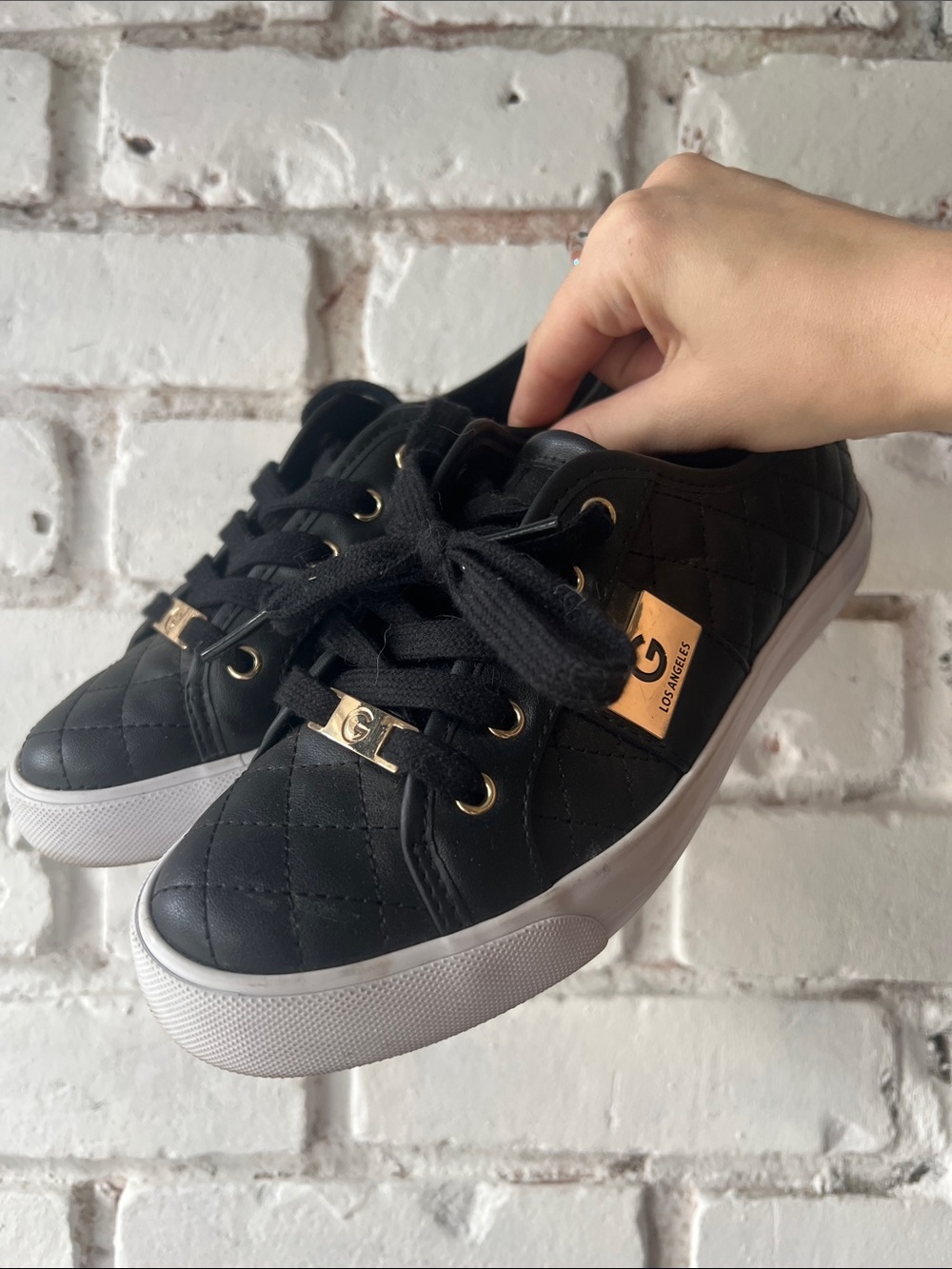 G by Guess Black Quilted Low-Top Sneakers with Gold Accents